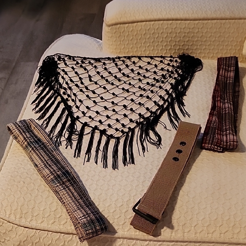 Accessory Bundle with Black Fringe wrap @ waist, 2 Plaid Belts and regular belt